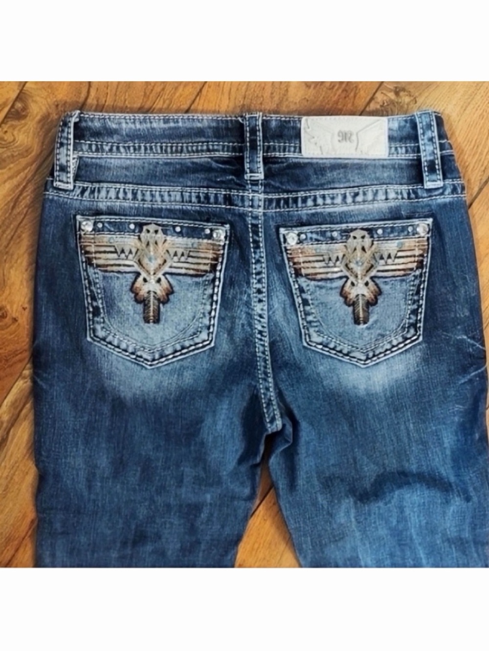 Gorgeous Miss Me Mid-Rise Boot Jeans With Embroidered Pockets 34” Inseam